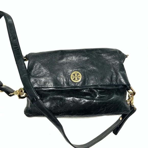 Vintage Tory Burch Dena Fold Over Black Leather Crossbody Bag - Picture 1 of 8